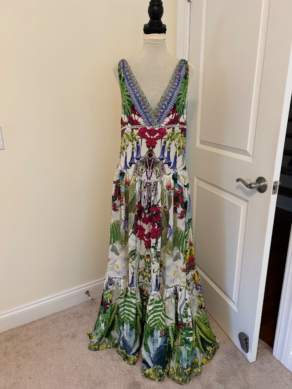 Camilla Tiered Gathered Dress in Exotic Hypnotic silk tropical floral crystal - Picture 4 of 15